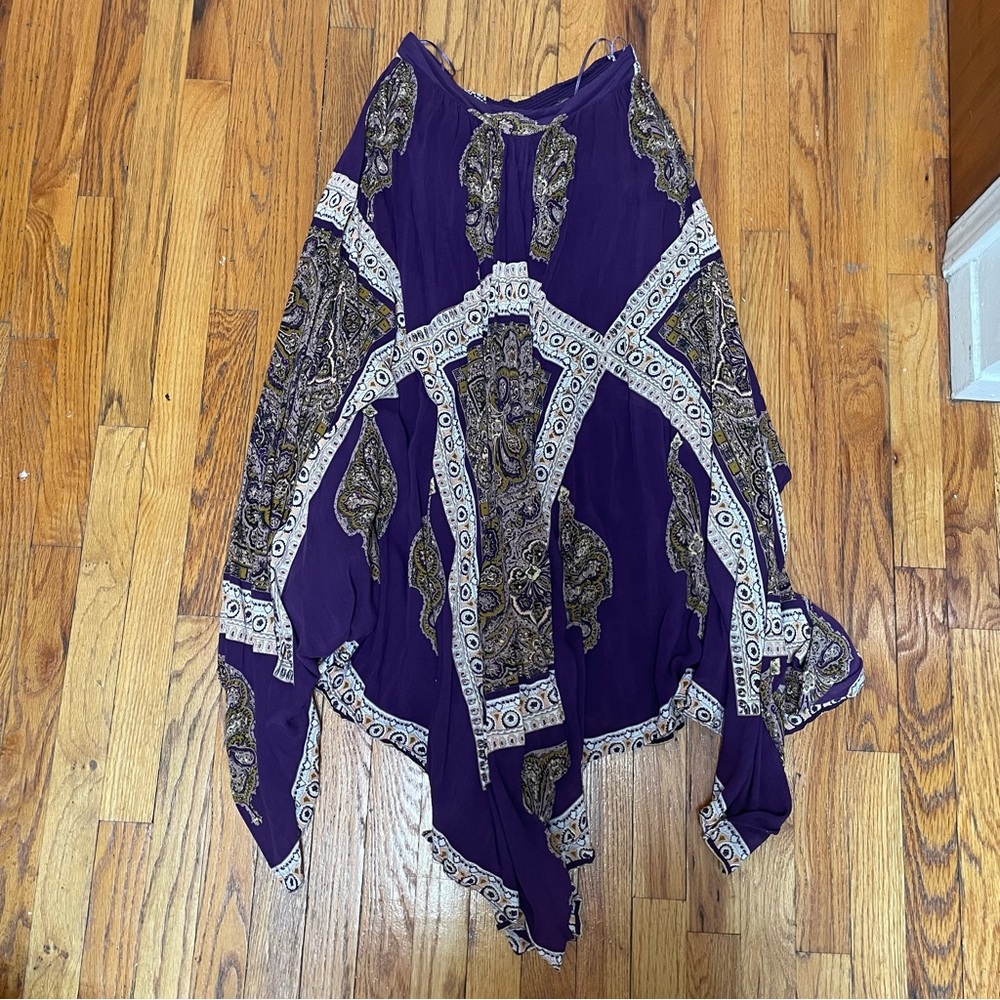 Free People Purple Paisley Midi Skirt with Asymmetric Hem and Elastic Waist